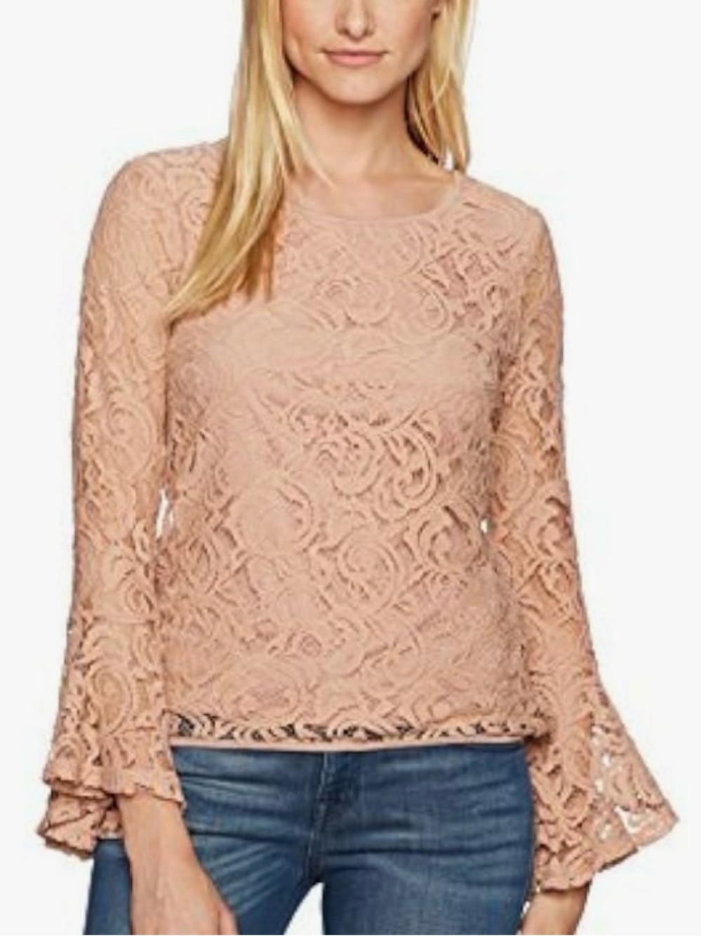Adrianna Papell Long Bell Sleeve Lace Blouse Top Size Medium Blush Cream